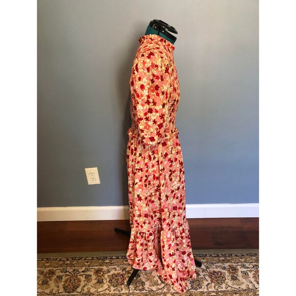 Nanette Lepore Smocked Floral Printed Red + Pink Midi Dress, size 10 - Picture 3 of 6